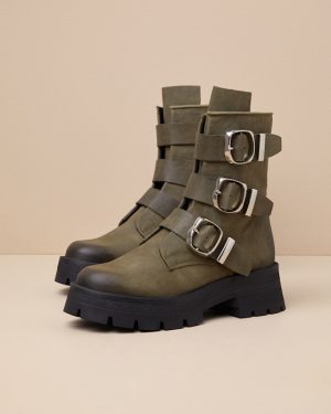 Roland Olive Leather Buckle Moto Ankle Boots