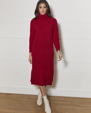 Roll Neck Oversized Jumper Dress in Red - XS