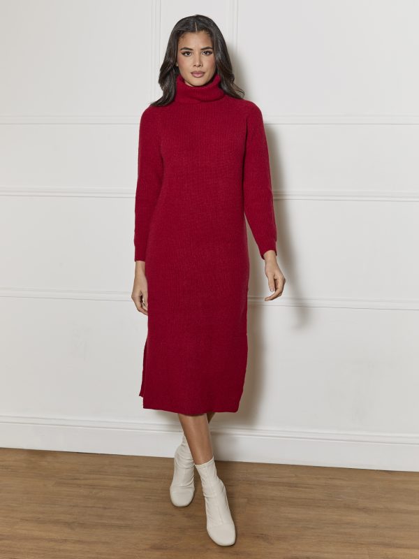 Roll Neck Oversized Jumper Dress in Red - XS