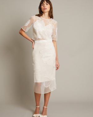 Rosa Embroidered Floral Pencil Bridal Skirt Ivory