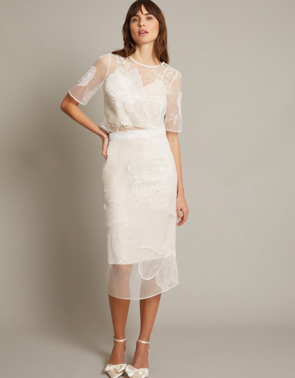 Rosa Embroidered Floral Pencil Bridal Skirt Ivory