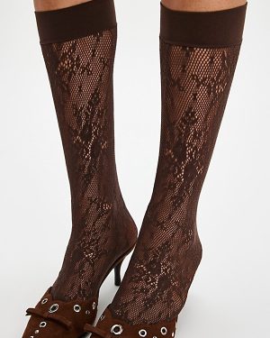 Rosa Lace Knee High Socks by Swedish Stockings at Free People in Dark Brown