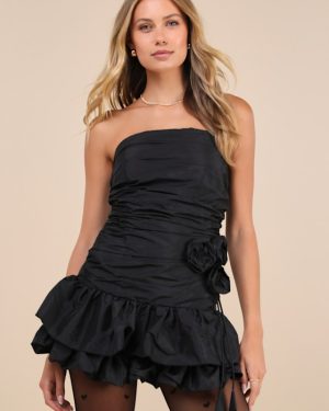 Rose Pick Black Strapless Ruched Rosette Mini Dress