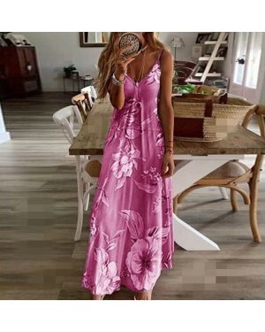 (Rose Red, XL) UK Womens Summer V Neck Long Maxi Dress Boho Beach Holiday Sundress Size 6-22