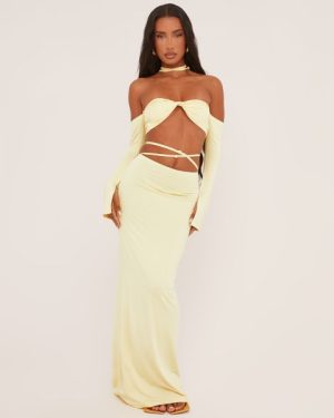 Rose Strap Detail Bardot Crop Top And High Waist Maxi Skirt Co-Ord Set In Lemon, Women's Size UK Large L