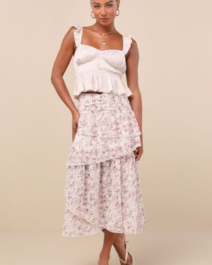 Rosen White Multi Floral Tiered Midi Skirt