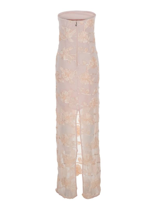 Rotate by Birger Christensen Pink Off-shoulder Sleeveless Long Dress With All-over Floral Embroidey And Rear Single Slit In Tech Fabric Stretch Woman