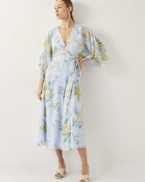 Rowan Floral Wrap Midi Dress Blue