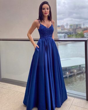 Royal Blue Wedding Dress With Train Zipper Sleeveless Natural Waist Satin Fabric A-Line Long Bridal Gowns