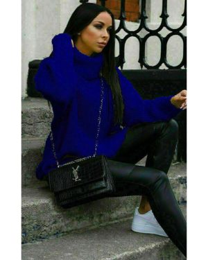(Royal, SM (UK 8-10)) Womens Ladies Fluorescent Polo High Roll Neck Chunky Knitted Jumper Dress UK 8-14
