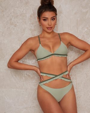Ruffle Trim Tie Up Bikini Bottoms in Green - S