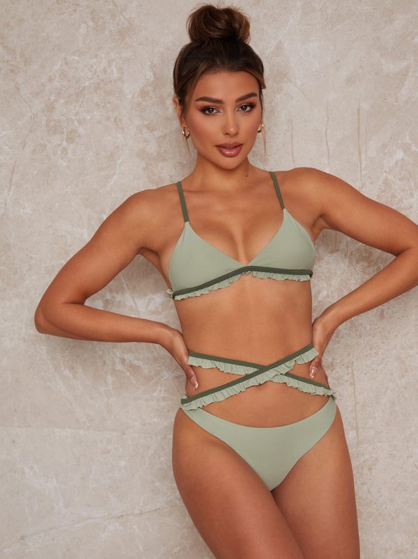 Ruffle Trim Tie Up Bikini Bottoms in Green - S