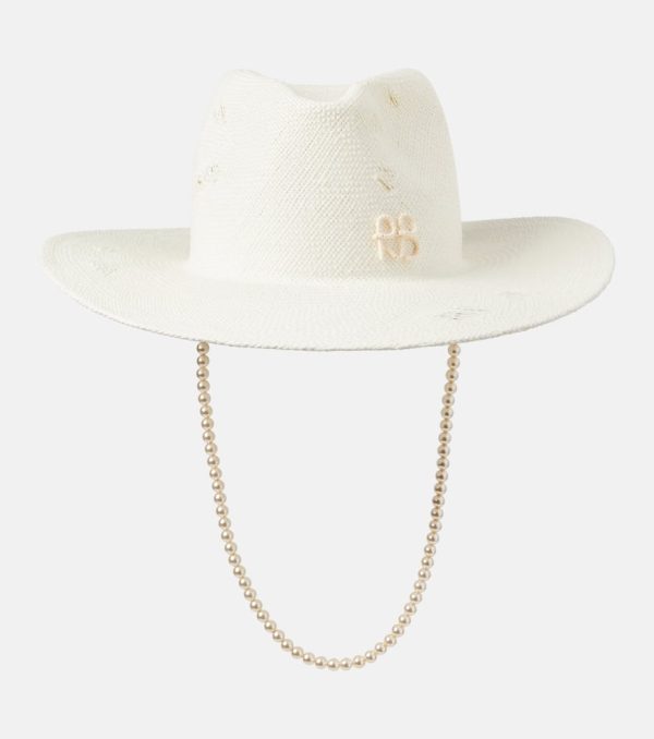 Ruslan Baginskiy Faux pearl-embellished straw fedora