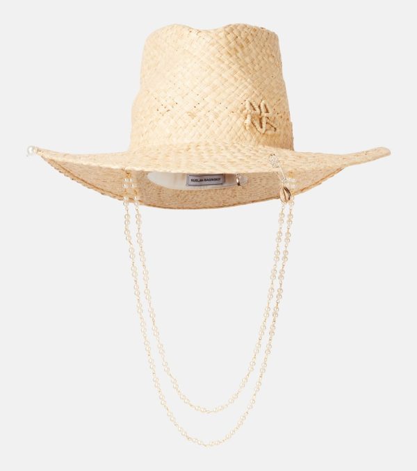 Ruslan Baginskiy Logo faux pearl-embellished straw fedora