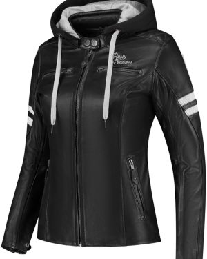 Rusty Stitches Joyce Hooded V2 Ladies Motorcycle Leather Jacket, black-white, Size 42 for Women