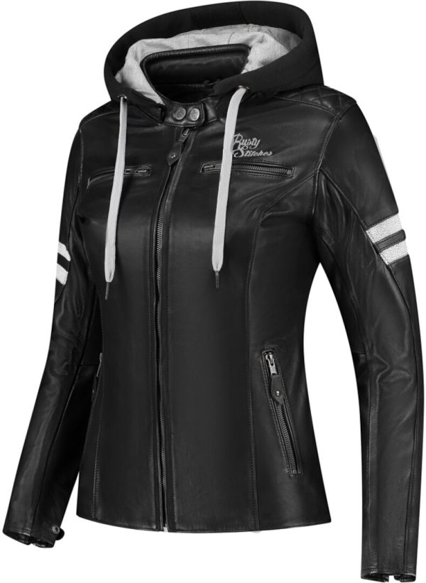 Rusty Stitches Joyce Hooded V2 Ladies Motorcycle Leather Jacket, black-white, Size 42 for Women