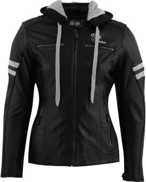 Rusty Stitches Super Joyce Hooded Ladies Motorcycle Leather Jacket, black-white, Size 50 for Women