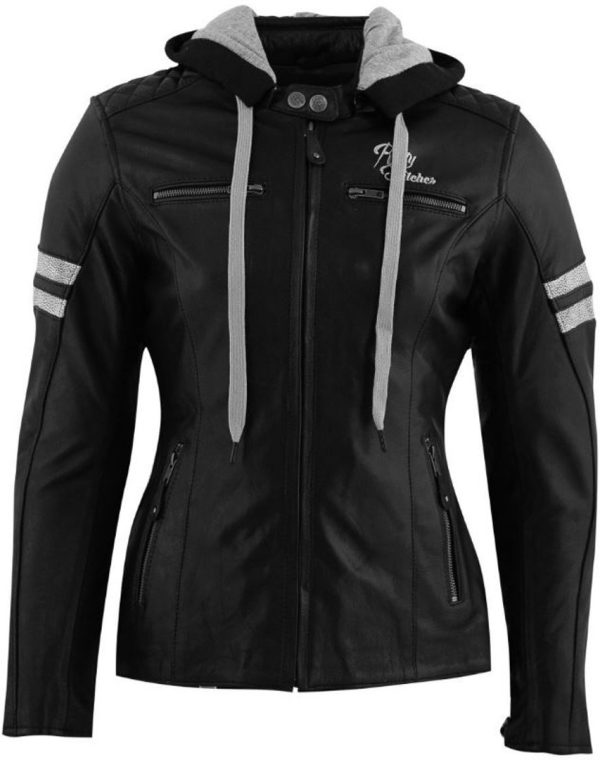 Rusty Stitches Super Joyce Hooded Ladies Motorcycle Leather Jacket, black-white, Size 50 for Women