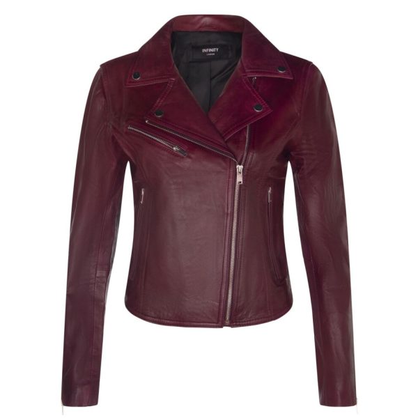(S) Ladies Classic Biker Style Burgundy Leather Jacket