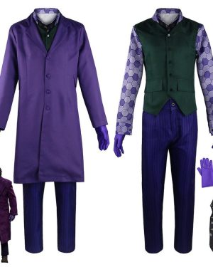 (S) The Dark Knight Joker Cosplay Costume For Adults Shirt Suit Vest Overcoat Necktie Gloves Trousers Full Set Halloween Roleplay Party Fancy Dress Up