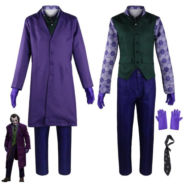 (S) The Dark Knight Joker Cosplay Costume For Adults Shirt Suit Vest Overcoat Necktie Gloves Trousers Full Set Halloween Roleplay Party Fancy Dress Up