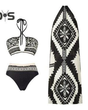 (S, black) 3pcs/set Women Swimsuit Set Lace-up Halter Bandeau Bra High Waist Briefs Set With Beach Skirt Vintage Printed Pattern Swimwear