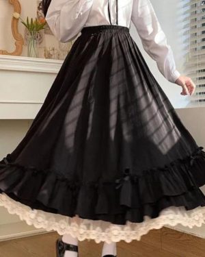 (S, black) Black Long Skirts Women Japanese Kawaii Preppy Style Lolita Skirt Female French Vintage Double Layer Lace Ruffled Pleated Skirts