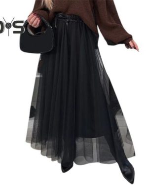 (S, black) Women's Tulle Skirts High Waist Midi Skirt Black Mesh Flowy Party Dress Long Tutu Skirt For Wedding Party Cocktail Prom