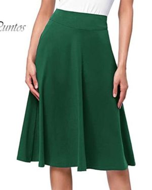 (S, dark green) Women Knitting Skirt Elastic High-waisted Solid Color Knee-length Skirt Breathable A-line Skater Skirt