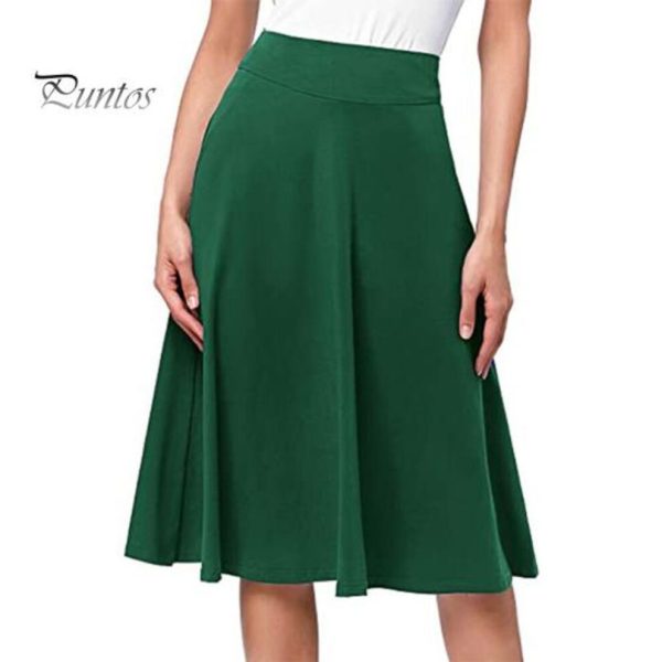 (S, dark green) Women Knitting Skirt Elastic High-waisted Solid Color Knee-length Skirt Breathable A-line Skater Skirt