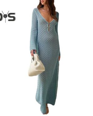 (S, light blue) Women Beach Dress Low Cut V Neck Knitted Hollow Out V Shaped Back Elastic See Through Summer Vacation Beachwear Bikini Coverup Swimsui