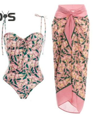 (S, pink) 2pcs/set Women Swimsuit Set Sling Floral Print One-piece Beach Cover Wrap Skirt Set For Beach Vacation Party