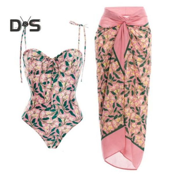 (S, pink) 2pcs/set Women Swimsuit Set Sling Floral Print One-piece Beach Cover Wrap Skirt Set For Beach Vacation Party