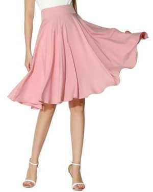(S, pink) Women Skirt Elastic High Waist A-line Style Skirt Solid Color Large Hem Skater Skirt Bohemia Style Skirt