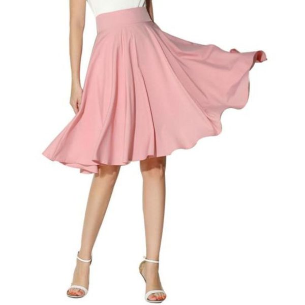 (S, pink) Women Skirt Elastic High Waist A-line Style Skirt Solid Color Large Hem Skater Skirt Bohemia Style Skirt