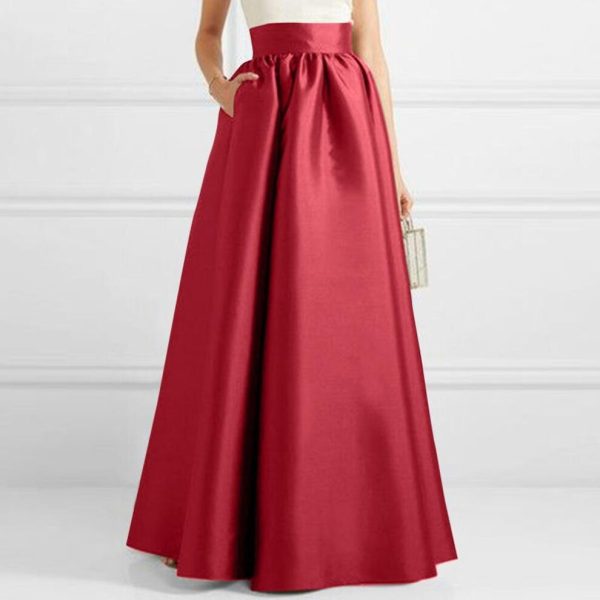(S, wine red) Zanzea Women Fashion High Waist A-line Satin Skirts Solid Color Party Long Skirts