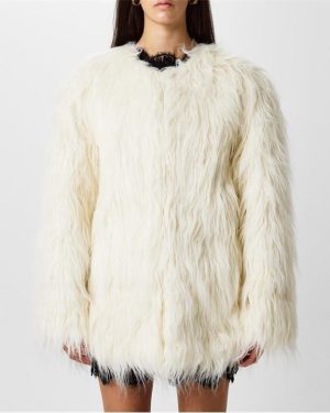 SAINT LAURENT Faux Fur Short Coat - Cream