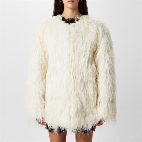 SAINT LAURENT Faux Fur Short Coat - Cream