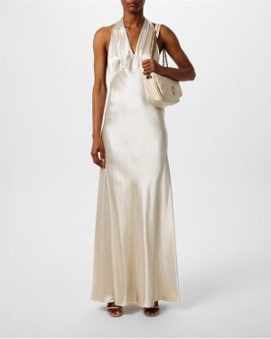 SAINT LAURENT Halterneck Satin Maxi Dress - Cream