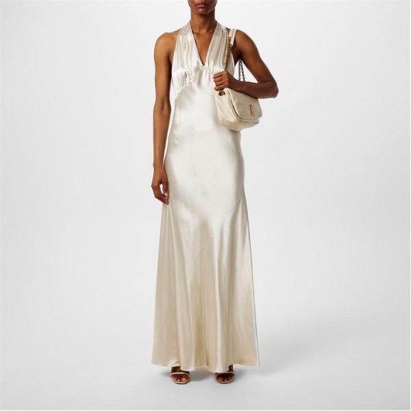 SAINT LAURENT Halterneck Satin Maxi Dress - Cream