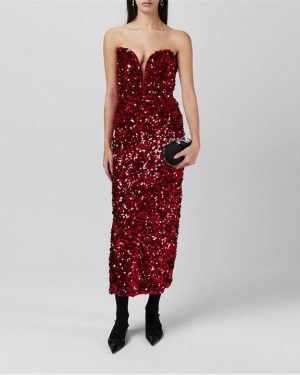 SELF PORTRAIT 3d Sequin Midi Dress - Red