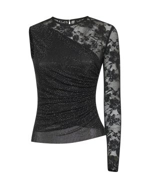 SELF PORTRAIT | Black rhinestone mesh and lace top | Women | 8