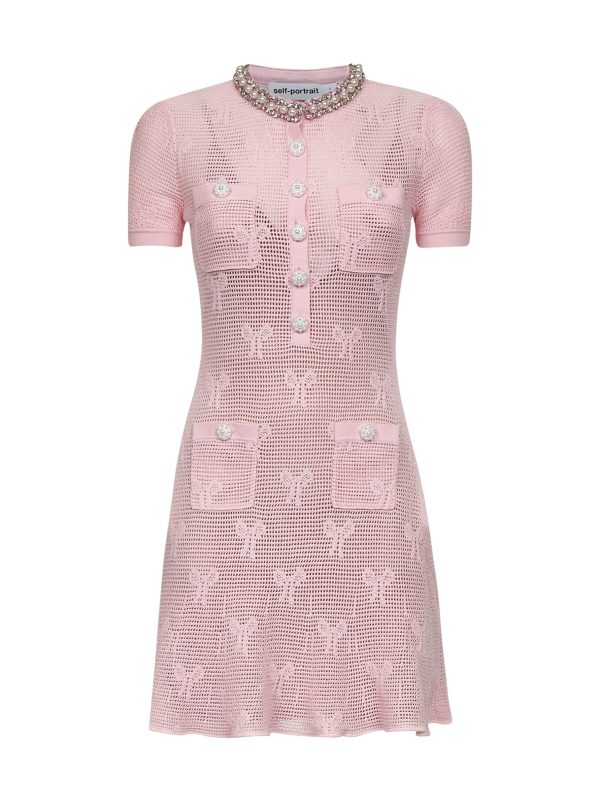 SELF PORTRAIT | Pink bow crochet crystal mini dress | Women | L