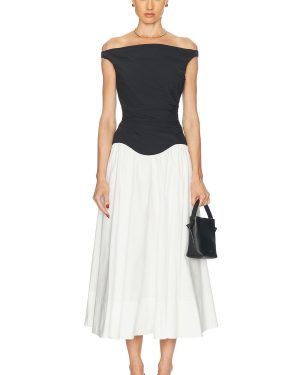 SIMKHAI Cersei Off Shoulder Midi Dress in White Black Multi in Black & White - Black,White. Size 6 (also in ).
