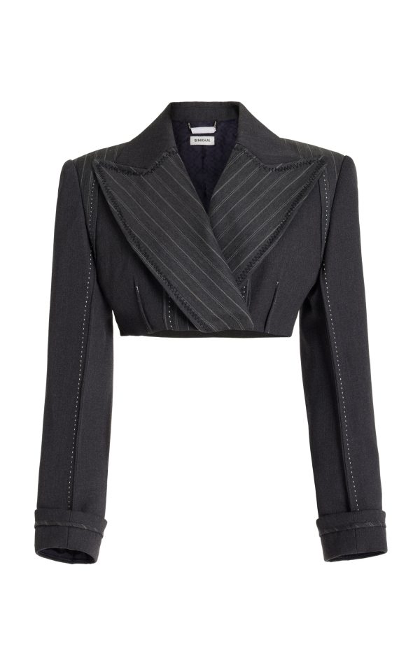 SIMKHAI - Clare Leather-Trimmed Cropped Blazer Jacket - Grey - US 0 - Moda Operandi