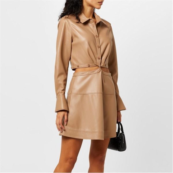 SIMKHAI Elias Vegan Leather Shirt Dress - Beige