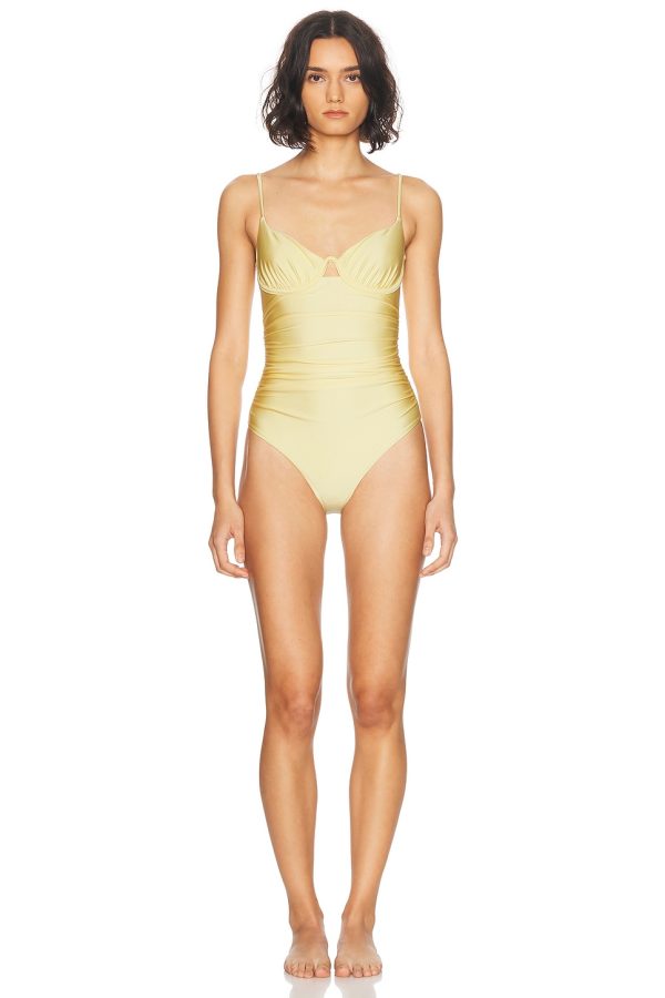 SIMKHAI Laine Ruched Cup Underwire One Piece Swimsuit in Buttercream - Yellow. Size XS (also in ).
