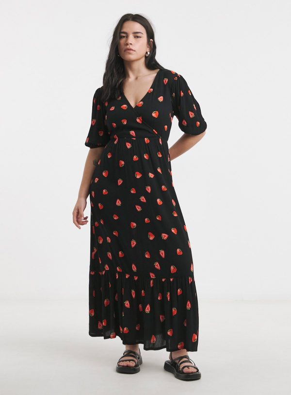 SIMPLY BE Crinkle Wrap Strawberry Print Midi Dress