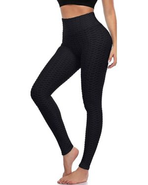 (S/M, Black) Women Anti-Cellulite Ruched Back Push Up Honeycomb Gym Fitness Leggings Pants