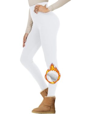 (S/M, White) Fleece Lined Leggings Women High Waist Thick Thermal Leggings Winter Warm Stretchy Leggings Tights
